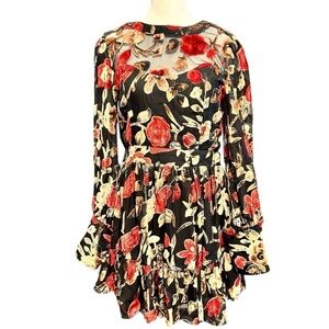 FATE Floral Burnout Mini Dress Velvet Floral Sheer Back and Sleeves BEAUTIFUL S